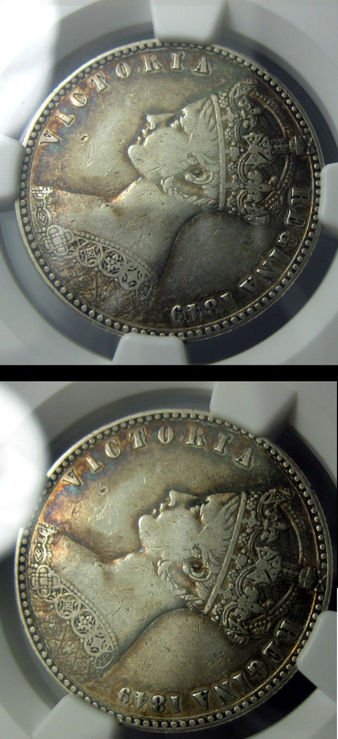 NGC-VF35名誉品,无神弗罗林,1849英国银币维多利亚,钱币面值2先令(1弗罗林),五彩老包浆