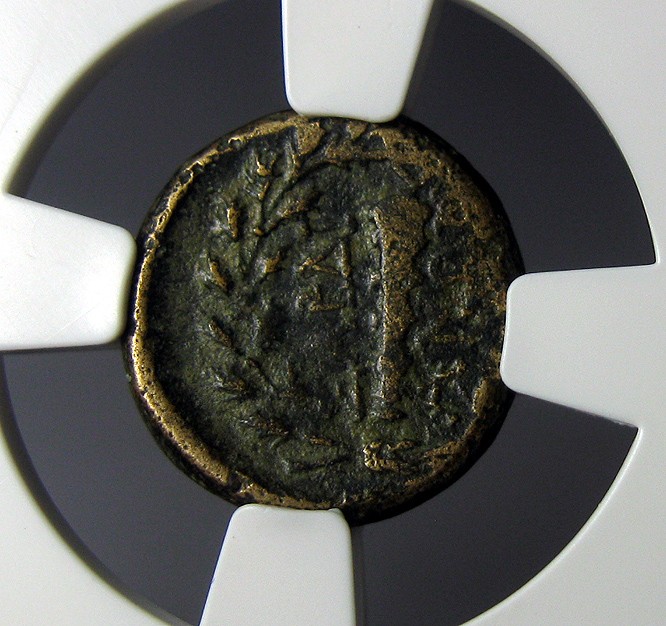 古希腊铜币,吕底亚,阿波罗与橄榄枝狼牙棒,BC134-133,1德拉克马钱币,自打标签盒子,约13.7x3.2mm,3.68g