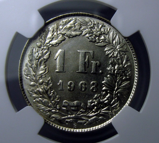 NGC-UNC,1963B,赫尔维蒂女神,1法郎钱币