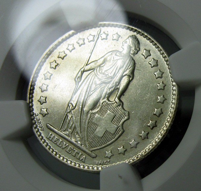 NGC-UNC,1963B,赫尔维蒂女神,1法郎钱币