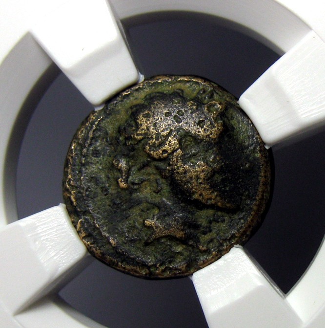 古希腊铜币,吕底亚,阿波罗与橄榄枝狼牙棒,BC134-133,1德拉克马钱币,自打标签盒子,约13.7x3.2mm,3.68g