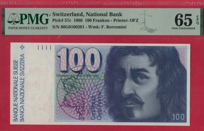 瑞士1980年100法郎 签名52 P-57c 无47 数三 欧洲纸币 实物图 UNC - 瑞士1980年100法郎 签名52 P-57c 无47 数三 欧洲纸币 实物图 UNC