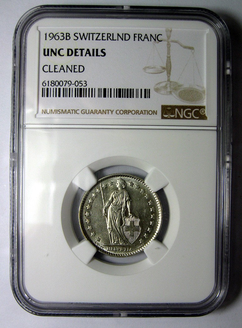 NGC-UNC,1963B,赫尔维蒂女神,1法郎钱币