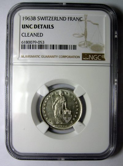 NGC-UNC,1963B,赫尔维蒂女神,1法郎钱币 - NGC-UNC,1963B,赫尔维蒂女神,1法郎钱币