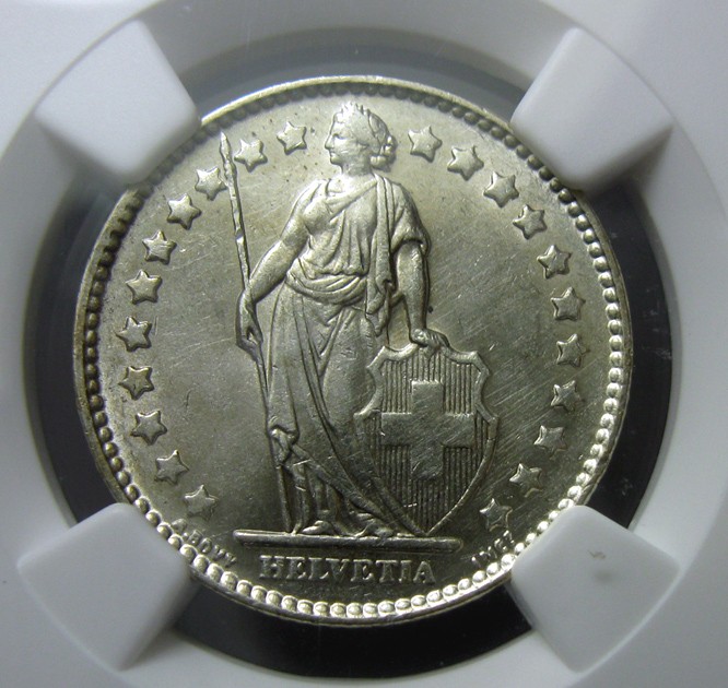NGC-UNC,1963B,赫尔维蒂女神,1法郎钱币