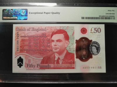 《张总收藏》61期——冠军外币 新版英国50镑塑料钞PMG66E数三915组合三对子全奇数