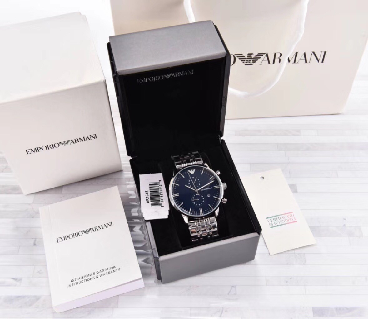 阿玛尼Armani手表官方正品授权 全国联保 支持专柜验货 ARMANI/阿玛尼腕表 型号：Ar1648表壳：316L精钢表壳玻璃：矿物质强化玻璃机芯：进口石英机芯表带：316L不绣精钢尺寸：43mm独特的渐变字