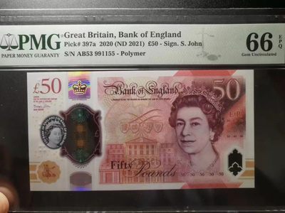 《张总收藏》61期——冠军外币 新版英国50镑塑料钞PMG66E数三915组合三对子全奇数