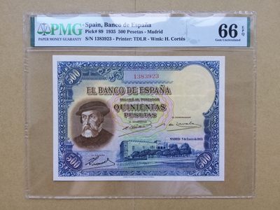 【Blue Auction】✨世界纸币精拍第194期【精】 - 【无47】西班牙 1935年 500比塞塔 PMG66EPQ 高分 科尔特斯 经典大方块 雕刻非常细腻大气 值得珍藏 背面描述科尔特斯到达墨西哥后烧毁了他的船只，以说服他的部下们，没有回头路的场景。最终科尔特斯以破釜沉舟之势，以600人征服250万印第安人，塑造了西班牙征服者的传奇人生。