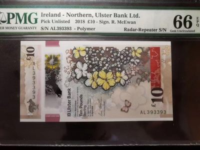 《张总收藏》61期——冠军外币 新版北爱尔兰10镑塑料钞PMG66E数二39组合全奇数雷达号+重复号PMG双标，二代老壳子