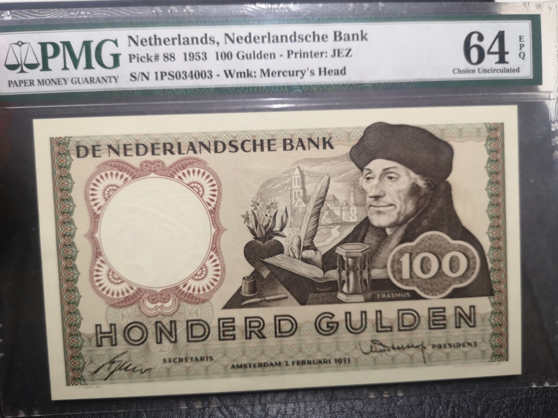 《外钞收藏家》第一百八十三期拍卖 1953年荷兰100盾 PMG64E