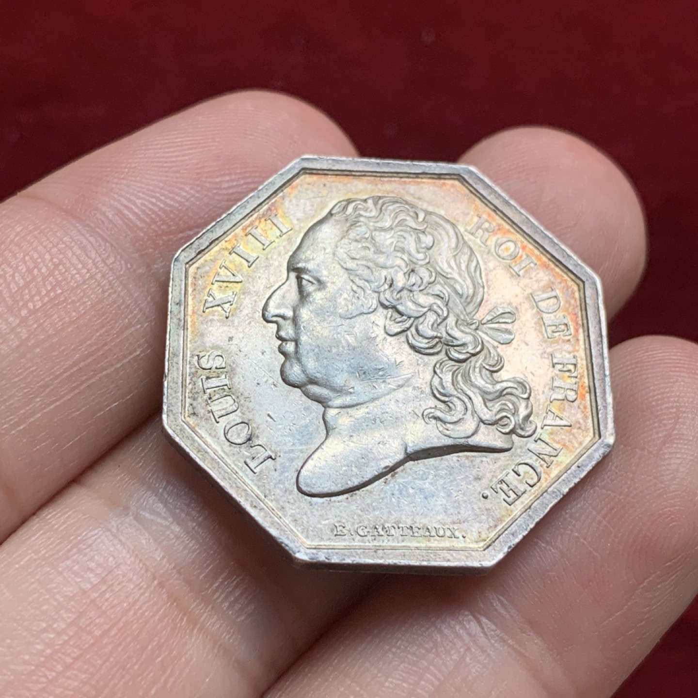 《竞宝斋》第66场-本周日，周一2场连拍（全场不限金额包邮） 炫五彩 法国路易十八+波旁王室纹章jeton八角银币 细节饱满无磨损 可送评