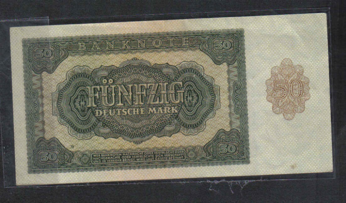 德国(东德 民主德国)1948年50马克 克劳斯P-14 欧洲纸币 实物图 八五品