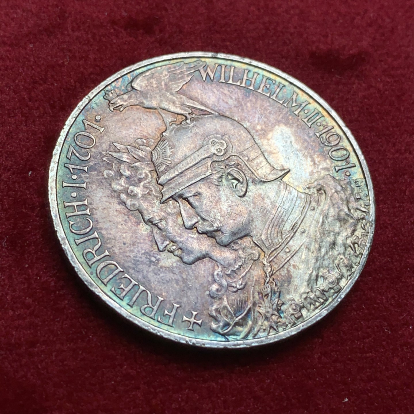 《竞宝斋》第66场-本周日，周一2场连拍（全场不限金额包邮） 1901年德意志第二帝国普鲁士建国200周年5马克，转光，双面彩，热门品种