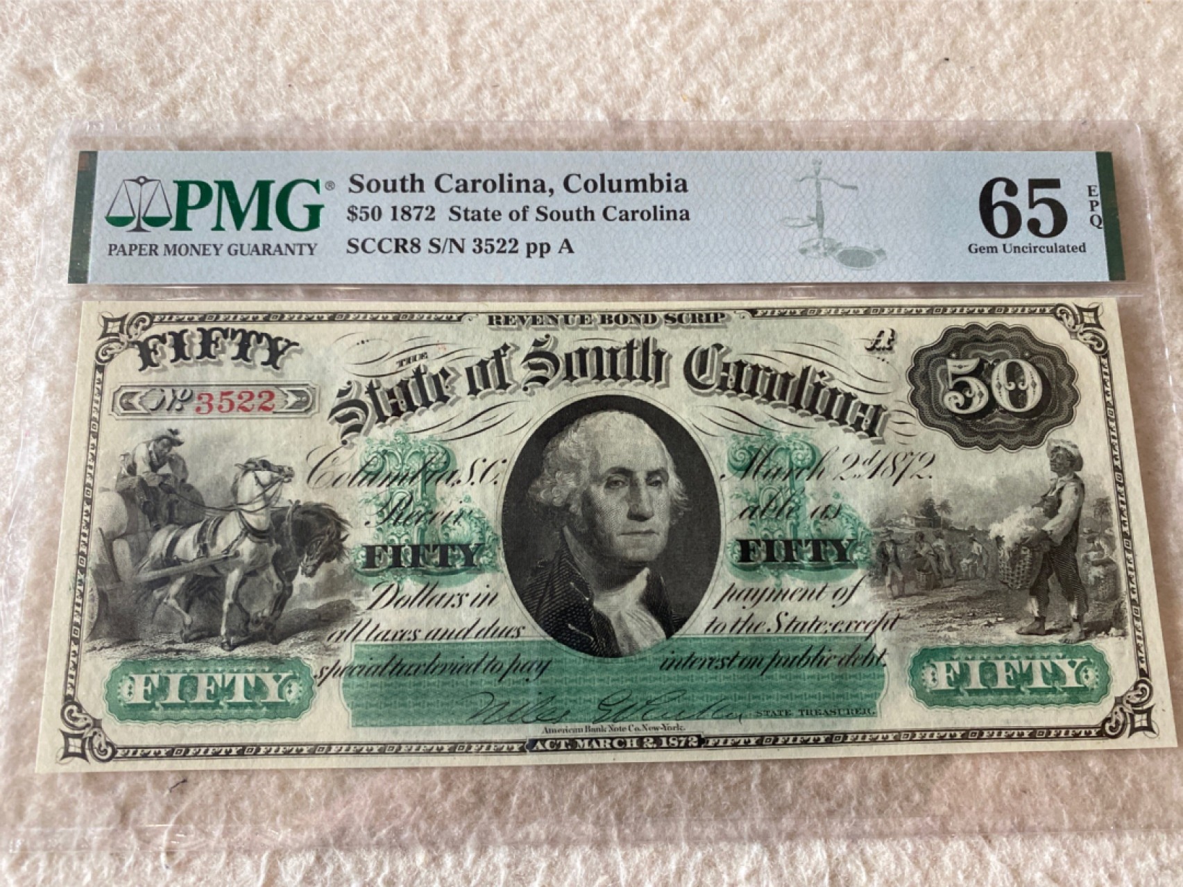 收藏联盟Quantum Auction第168期拍卖 今晚七点开拍 快来捡漏咯 1872年美国加利福利亚50美元 国父华盛顿双面雕刻 无47号码 PMG65E