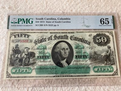 收藏联盟Quantum Auction第168期拍卖 今晚七点开拍 快来捡漏咯 - 1872年美国加利福利亚50美元 国父华盛顿双面雕刻 无47号码 PMG65E