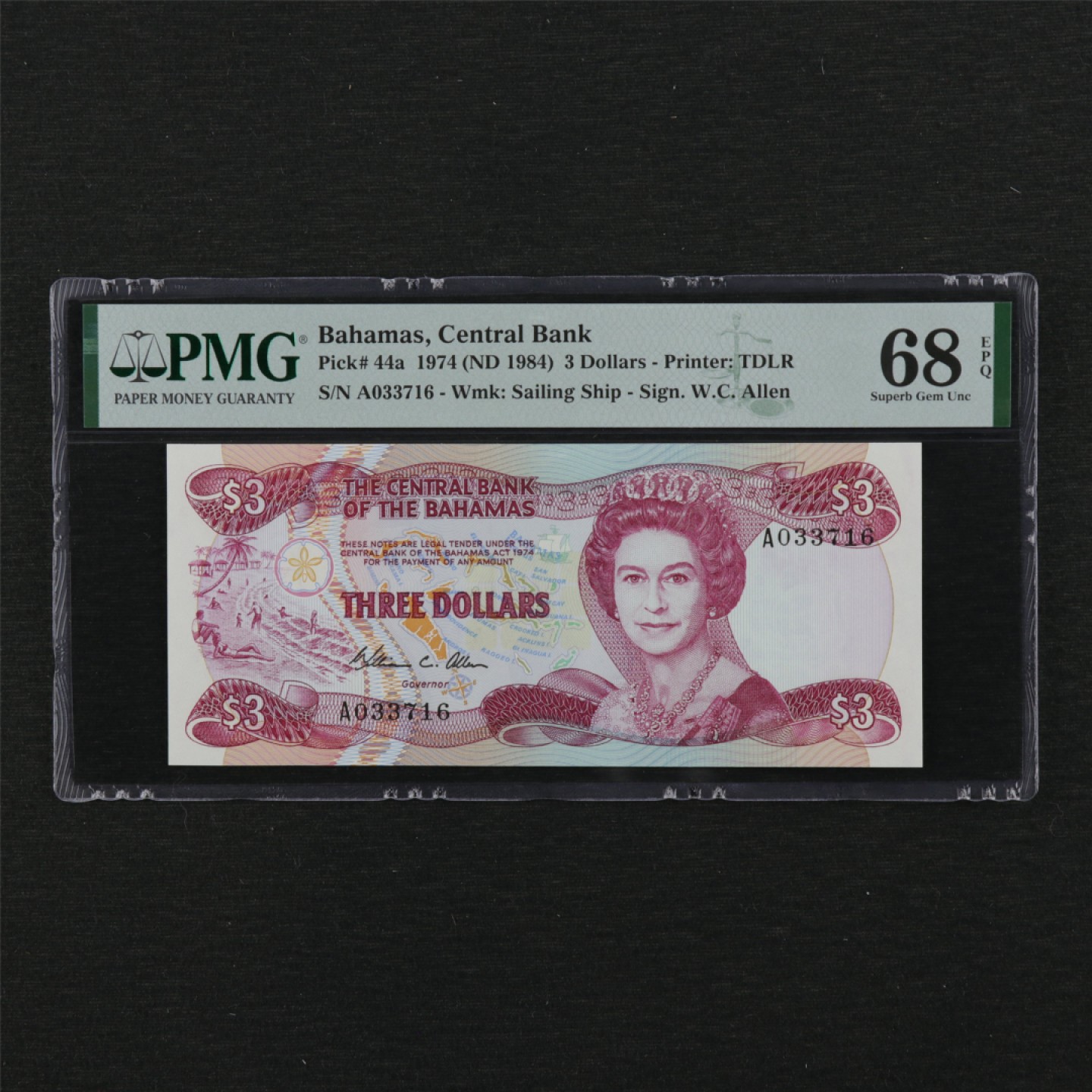 【亘邦集藏】第114期拍卖 1974年 巴哈马3元 PMG 68EPQ A033716