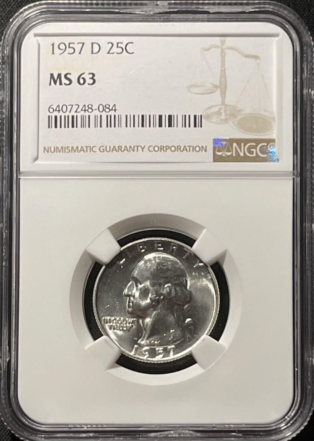 紫瑗钱币——第196期拍卖 美国 1957年 D版 华盛顿 25美分 银币 NGC MS63