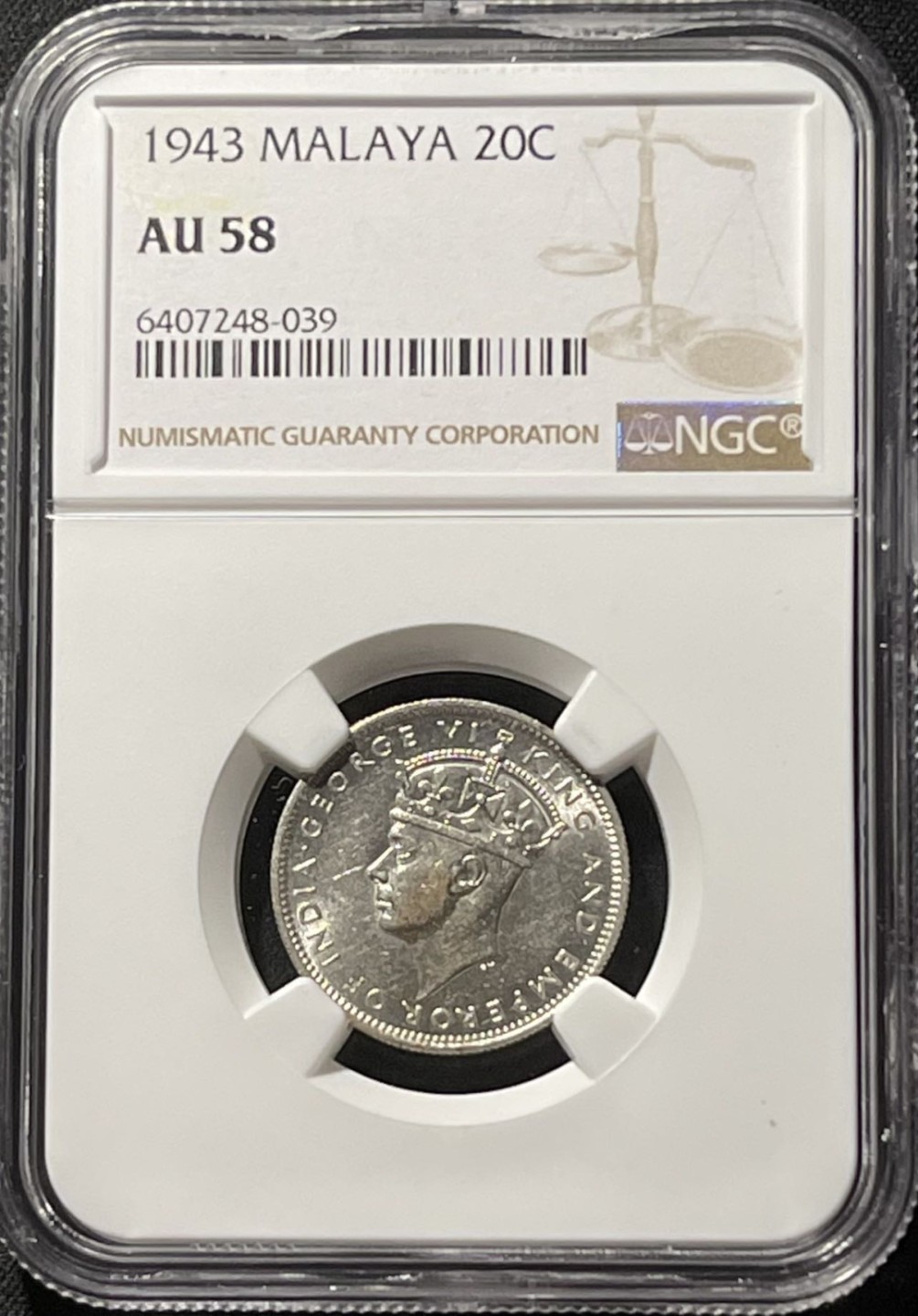 紫瑗钱币——第196期拍卖 马来亚 1943年 乔治六世 20分 银币 NGC AU58