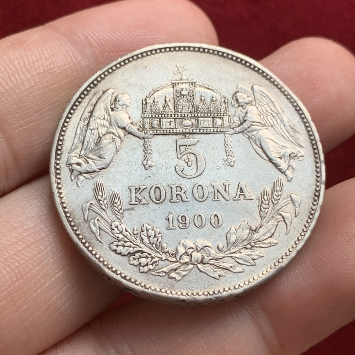 《竞宝斋》第66场-本周日，周一2场连拍（全场不限金额包邮） 匈牙利双天使5克朗大银币，大热大涨品种，边铭深打完好，细节佳，状态好的已经很难遇到了