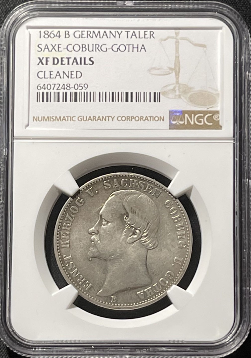 紫瑗钱币——第196期拍卖 德国 萨克森 科堡 1864年 1泰勒 银币 NGC XF Detail