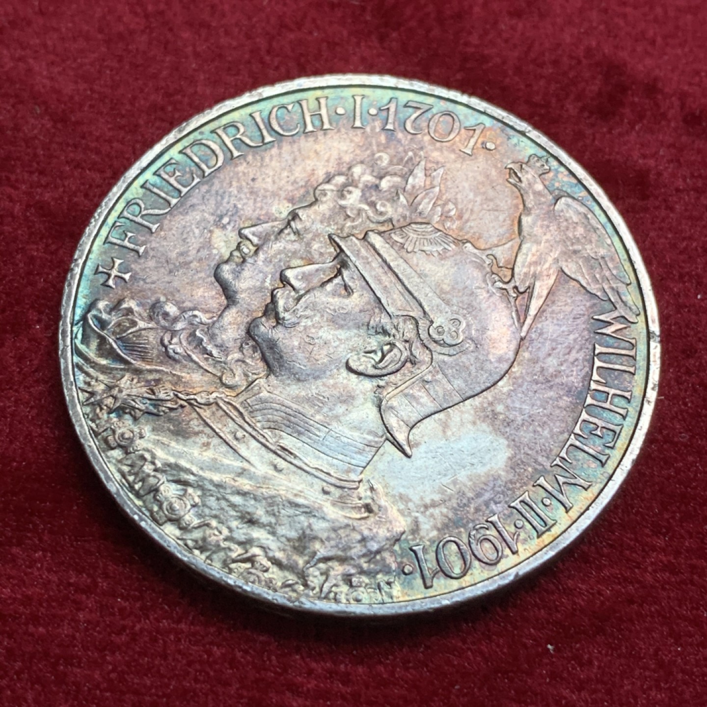 《竞宝斋》第66场-本周日，周一2场连拍（全场不限金额包邮） 1901年德意志第二帝国普鲁士建国200周年5马克，转光，双面彩，热门品种