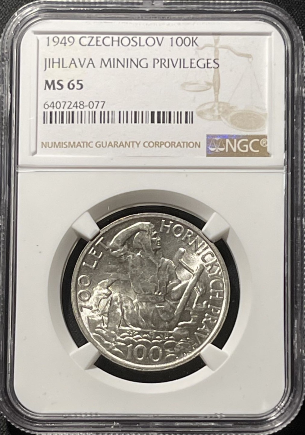 紫瑗钱币——第196期拍卖 捷克斯洛伐克 1949年 伊赫拉瓦开采权700周年 100克朗 银币 NGC MS65