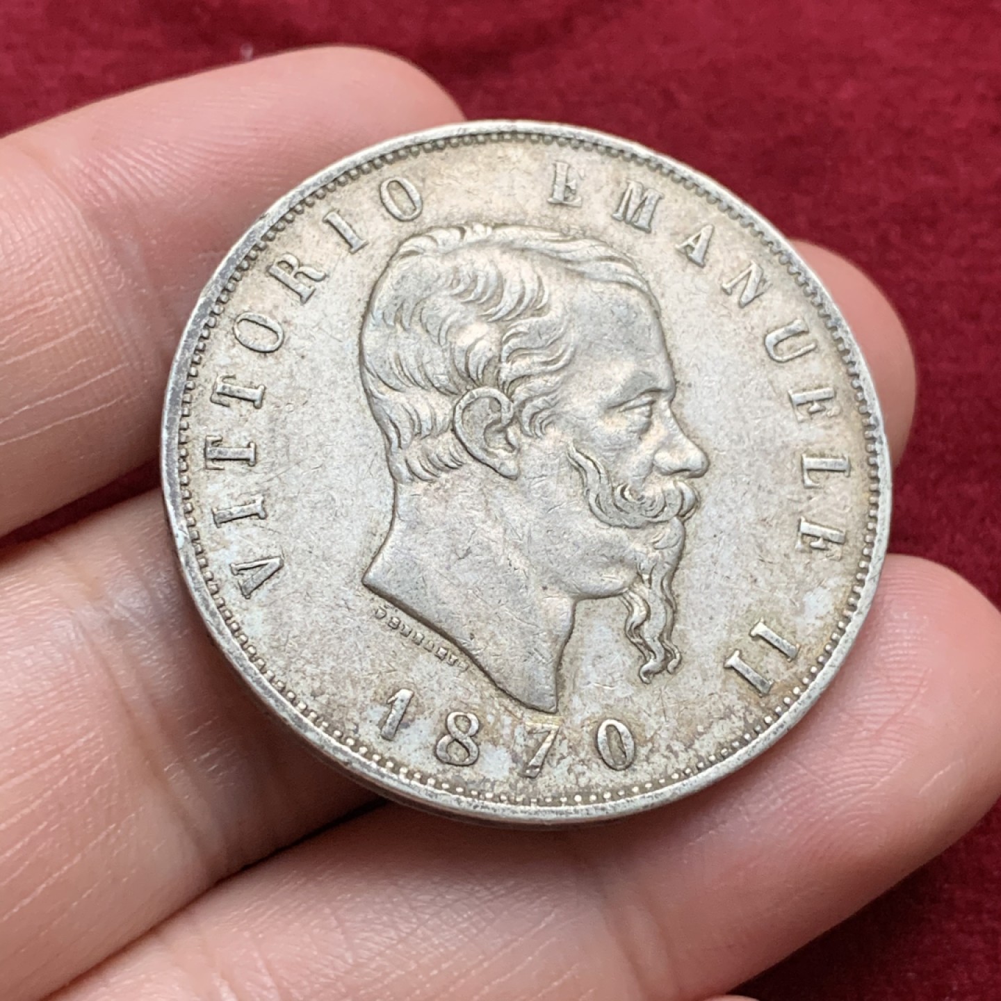 《竞宝斋》第66场-本周日，周一2场连拍（全场不限金额包邮） 意大利 1870年 伊曼纽二世 老包浆好品相5里拉大银币