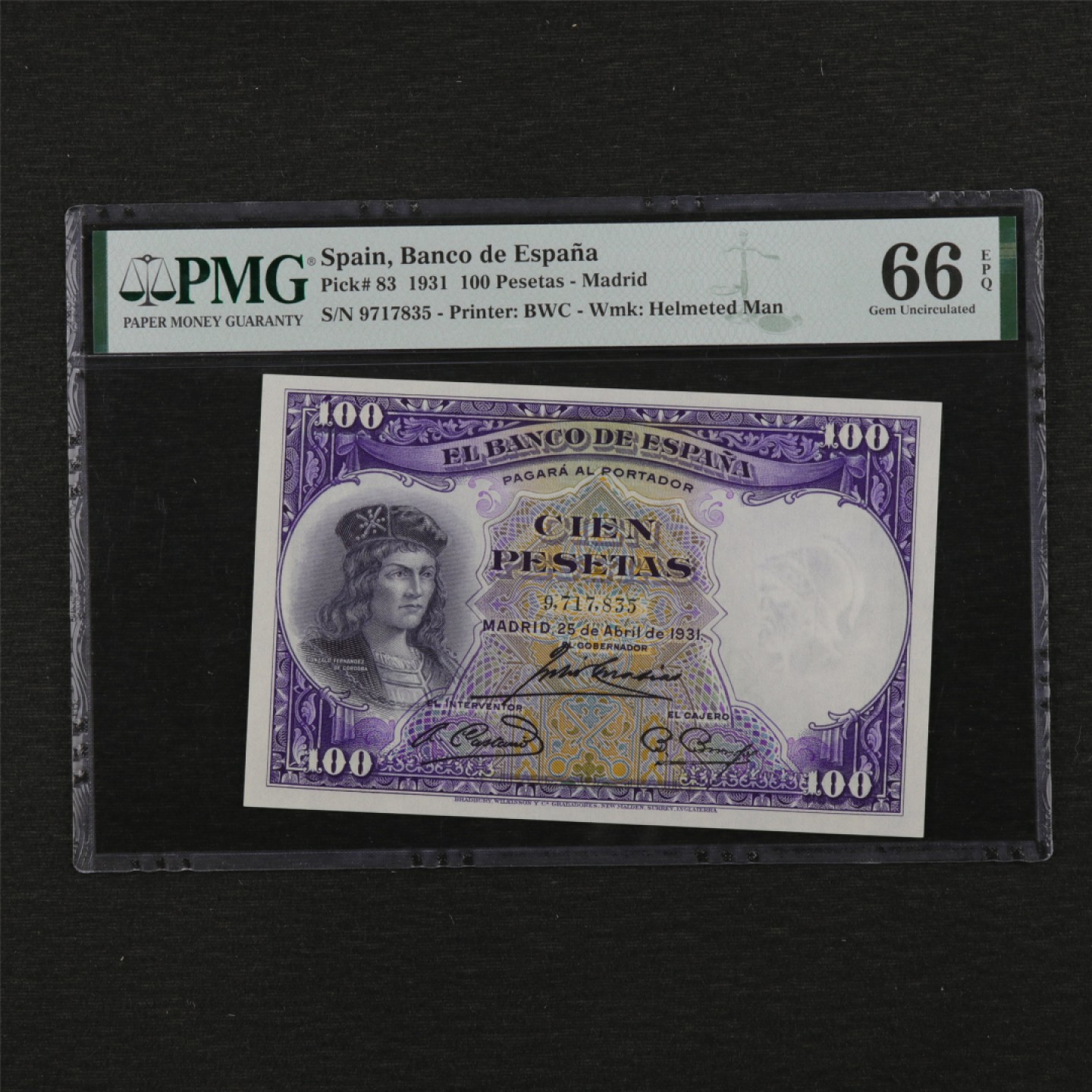 【亘邦集藏】第115期拍卖 1931年 西班牙 100比塞塔 PMG 66EPQ 9717835