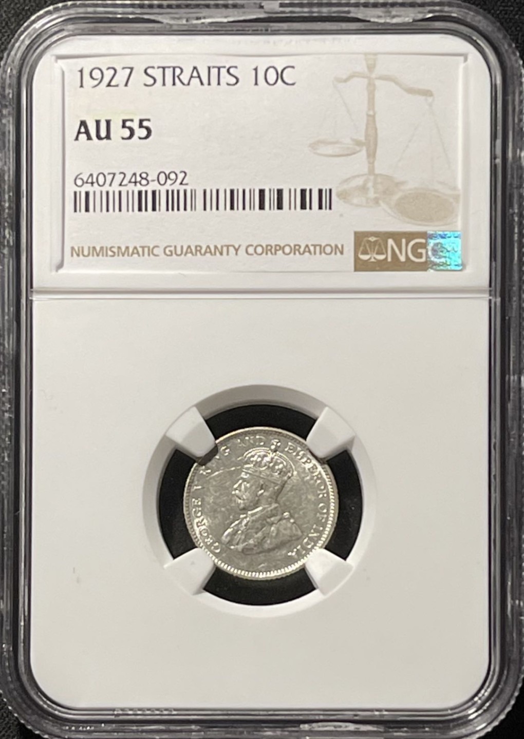 紫瑗钱币——第196期拍卖 海峡殖民地 1927年 乔治五世 10分 银币 NGC AU55