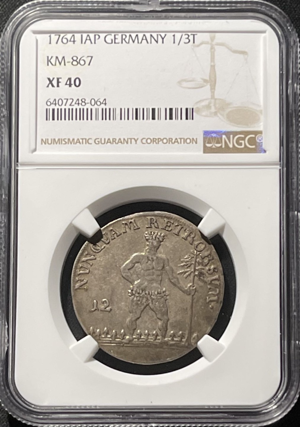 紫瑗钱币——第196期拍卖  德国 不伦瑞克-沃尔芬布特尔 1764年 野人 1/3泰勒 银币 NGC XF40