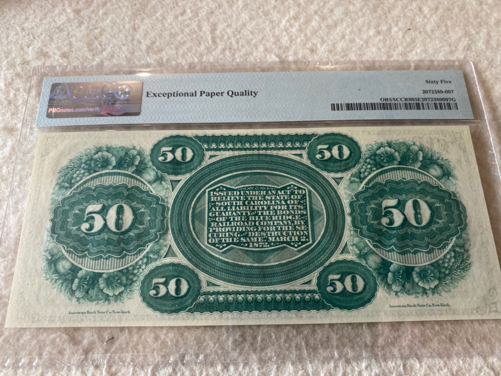 收藏联盟Quantum Auction第168期拍卖 今晚七点开拍 快来捡漏咯 1872年美国加利福利亚50美元 国父华盛顿双面雕刻 无47号码 PMG65E