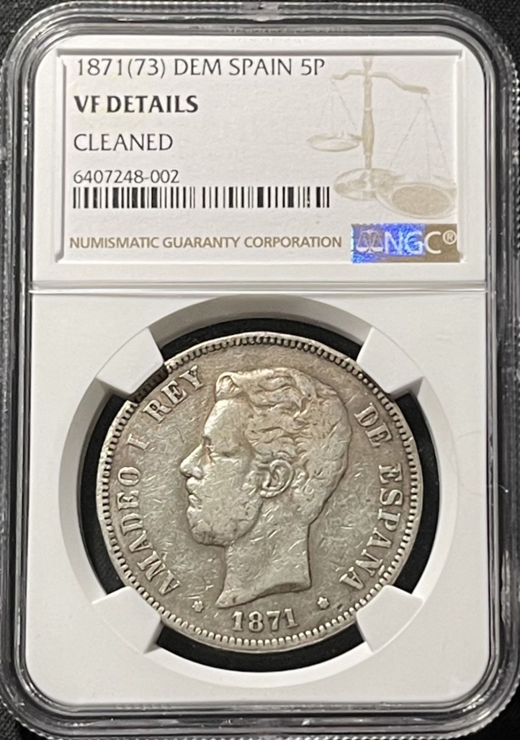 紫瑗钱币——第196期拍卖 西班牙 1871(73)年 阿玛德奥一世 5比塞塔 银币 NGC VF Detail 特年