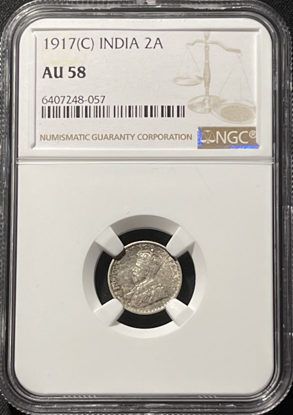 紫瑗钱币——第196期拍卖 英属印度 1917年 C版 乔治五世 2安娜 银币 NGC AU58