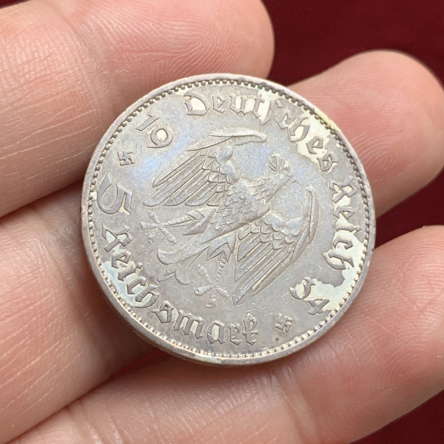 《竞宝斋》第66场-本周日，周一2场连拍（全场不限金额包邮） 德国 1933年 教堂 加字 5马克 银币 带符号