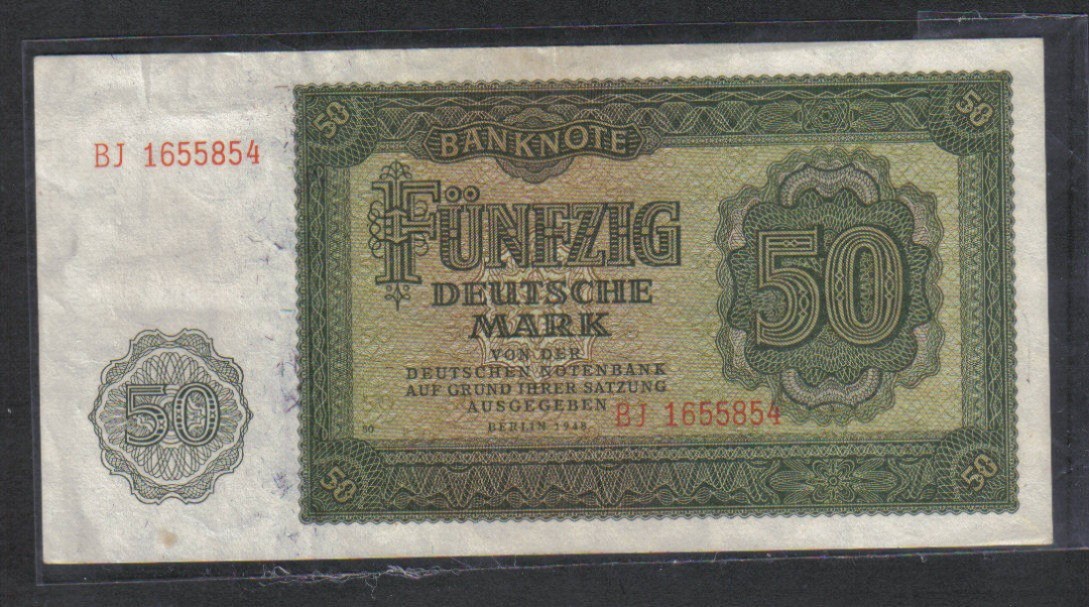 德国(东德 民主德国)1948年50马克 克劳斯P-14 欧洲纸币 实物图 八五品