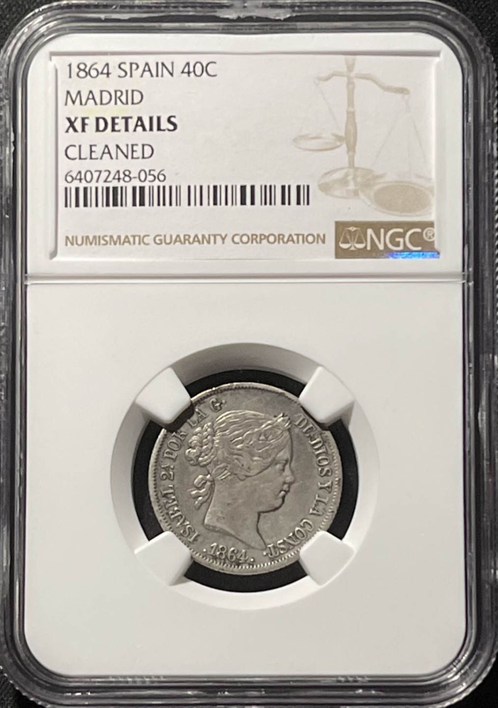 紫瑗钱币——第196期拍卖 西班牙 1864年 伊莎贝拉二世 40分 银币 NGC XF Detail