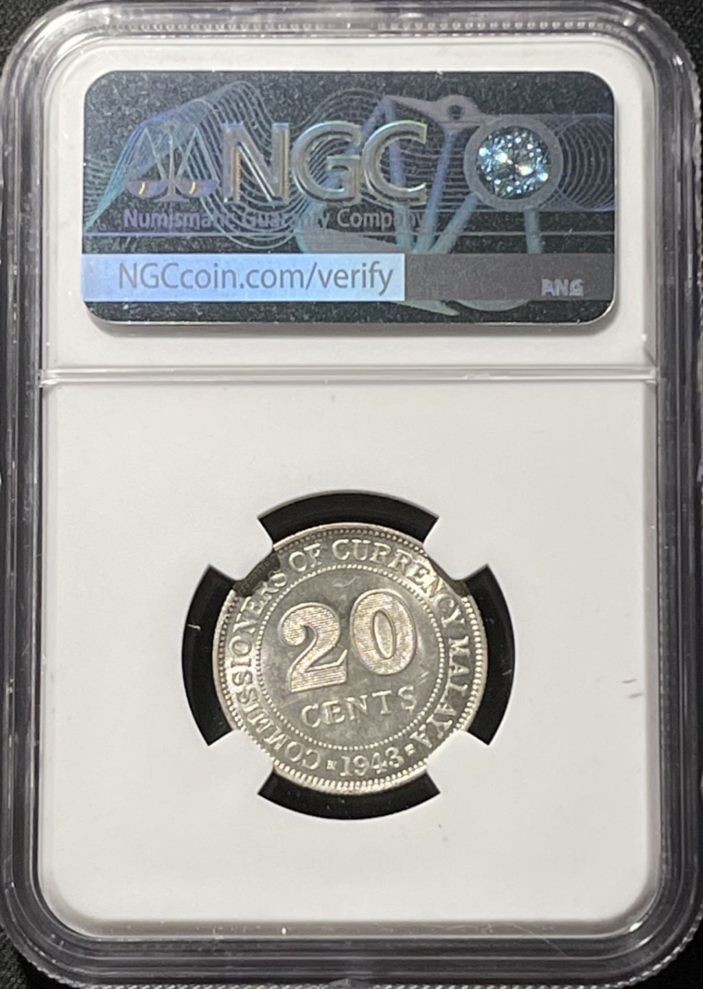紫瑗钱币——第196期拍卖 马来亚 1943年 乔治六世 20分 银币 NGC MS62