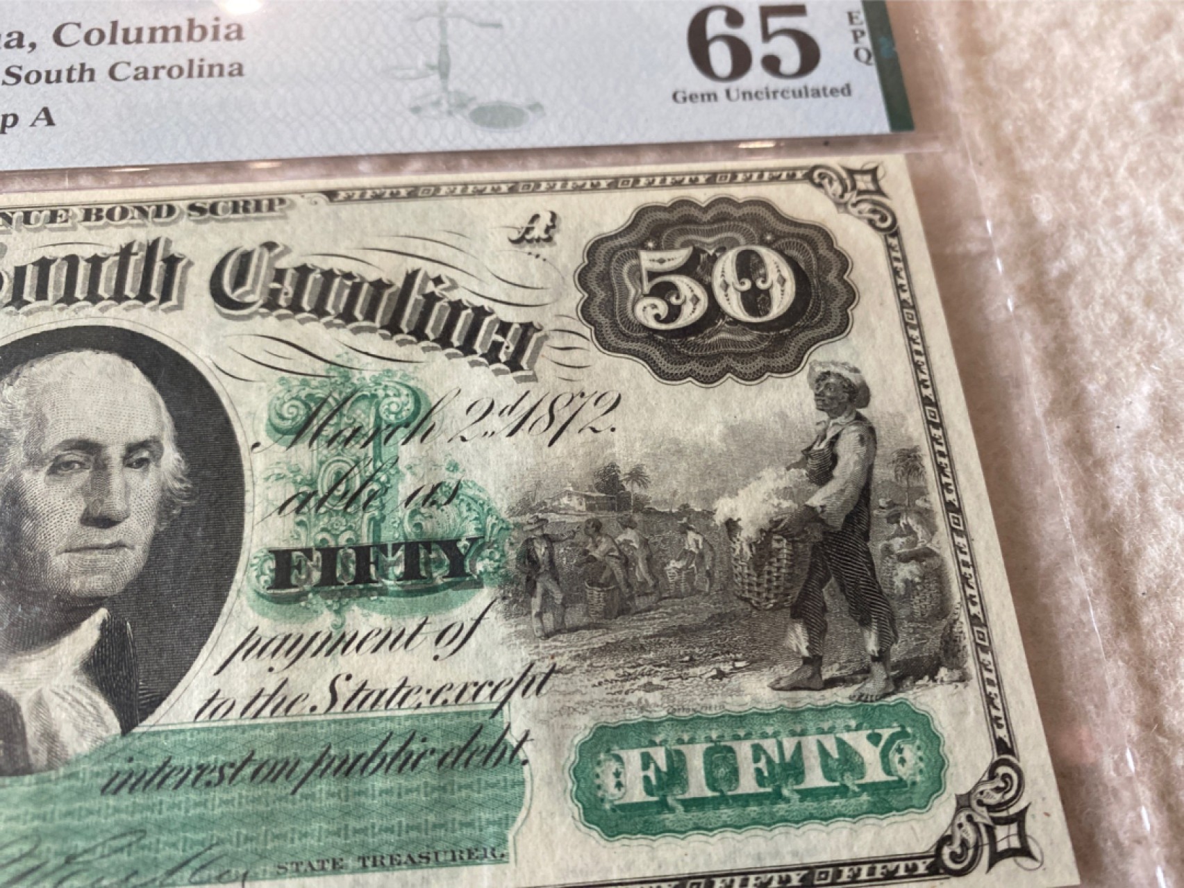 收藏联盟Quantum Auction第168期拍卖 今晚七点开拍 快来捡漏咯 1872年美国加利福利亚50美元 国父华盛顿双面雕刻 无47号码 PMG65E