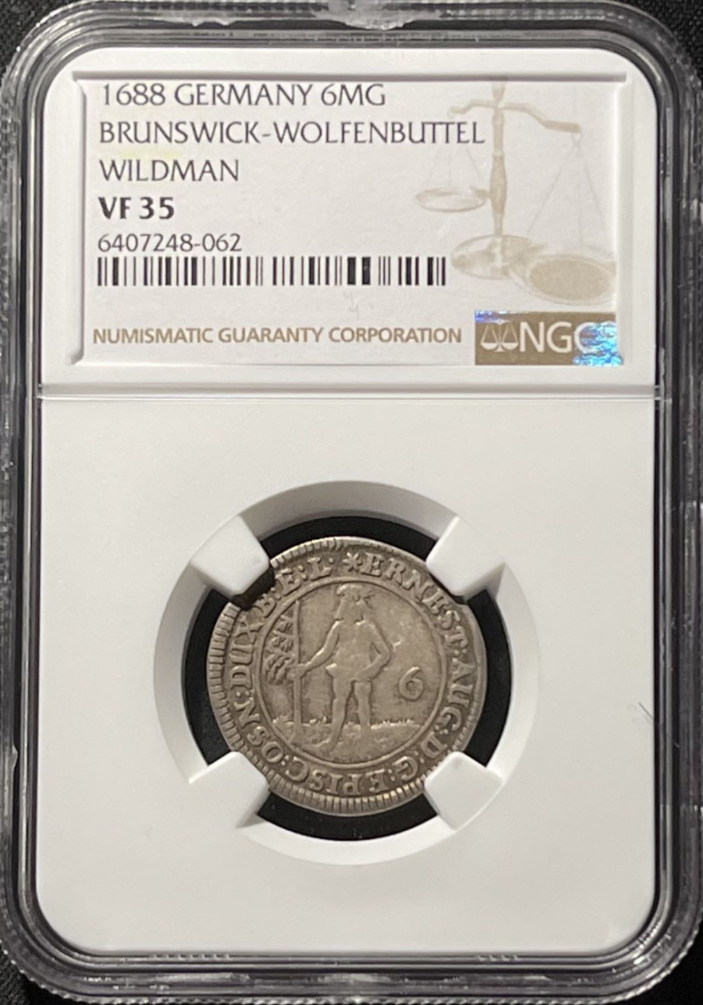 紫瑗钱币——第196期拍卖 德国 不伦瑞克-沃尔芬布特尔 1688年 野人 6Mariengroschen 银币 NGC VF35
