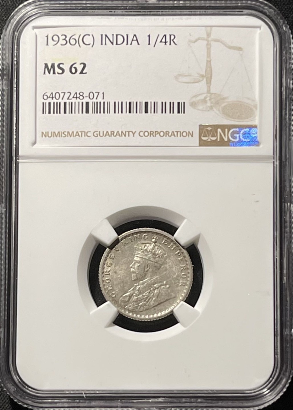 紫瑗钱币——第196期拍卖 英属印度 1936年 C版 乔治五世 1/4卢比 银币 NGC MS62