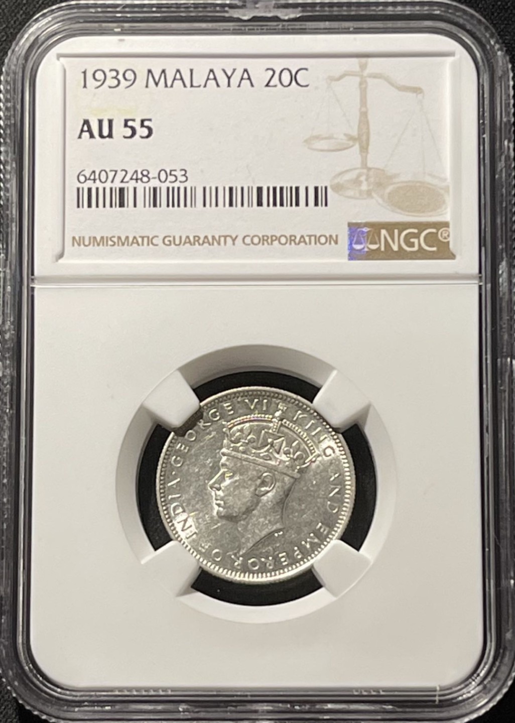 紫瑗钱币——第196期拍卖 马来亚 1939年 乔治六世 20分 银币 NGC AU55