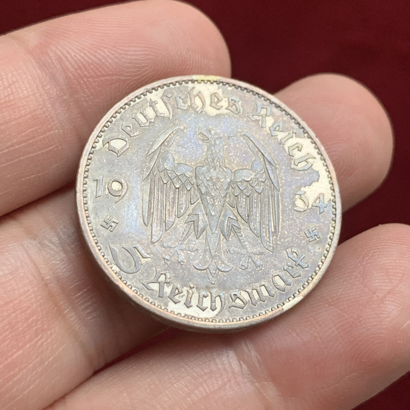 《竞宝斋》第66场-本周日，周一2场连拍（全场不限金额包邮） 德国 1933年 教堂 加字 5马克 银币 带符号