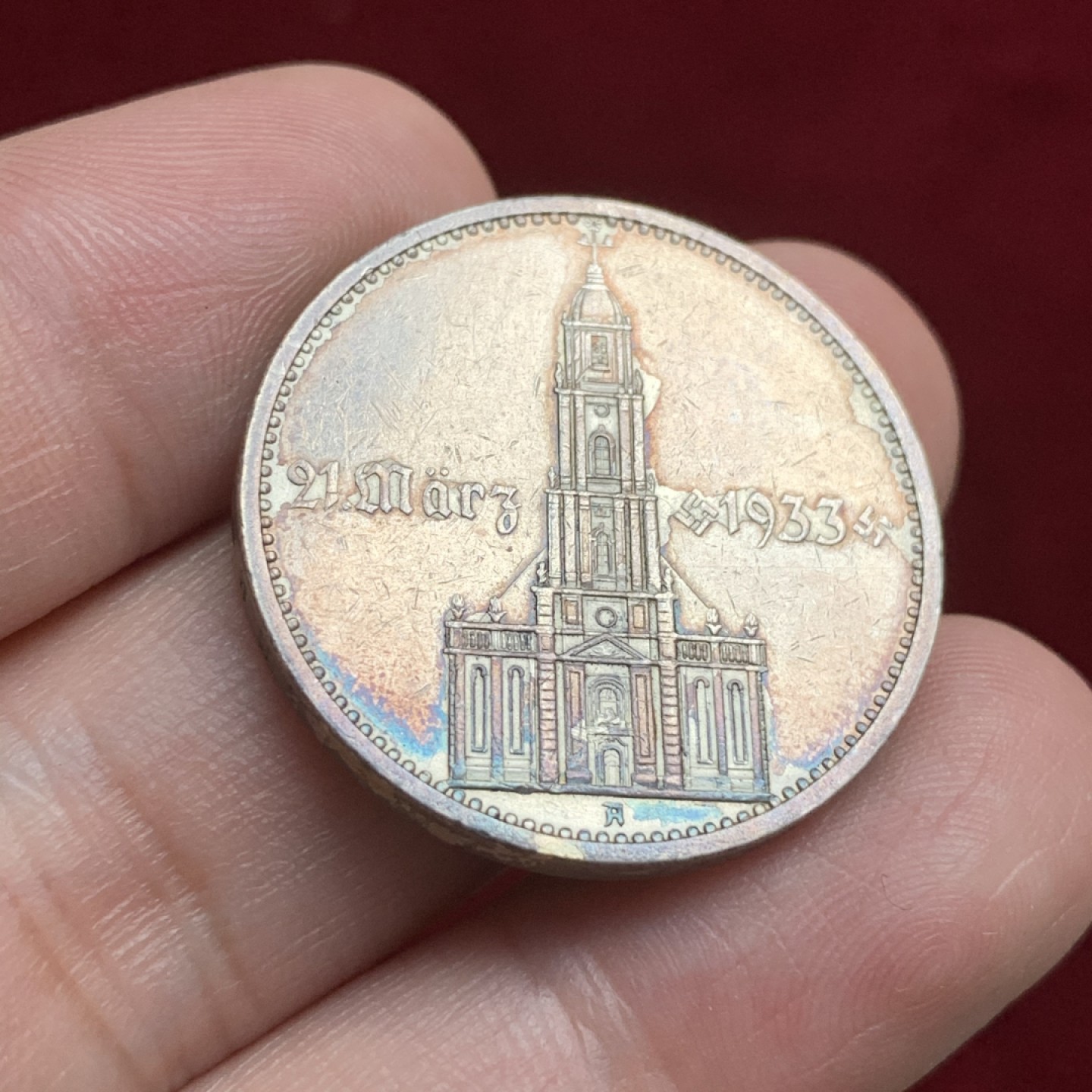 《竞宝斋》第66场-本周日，周一2场连拍（全场不限金额包邮） 德国 1933年 教堂 加字 5马克 银币 带符号