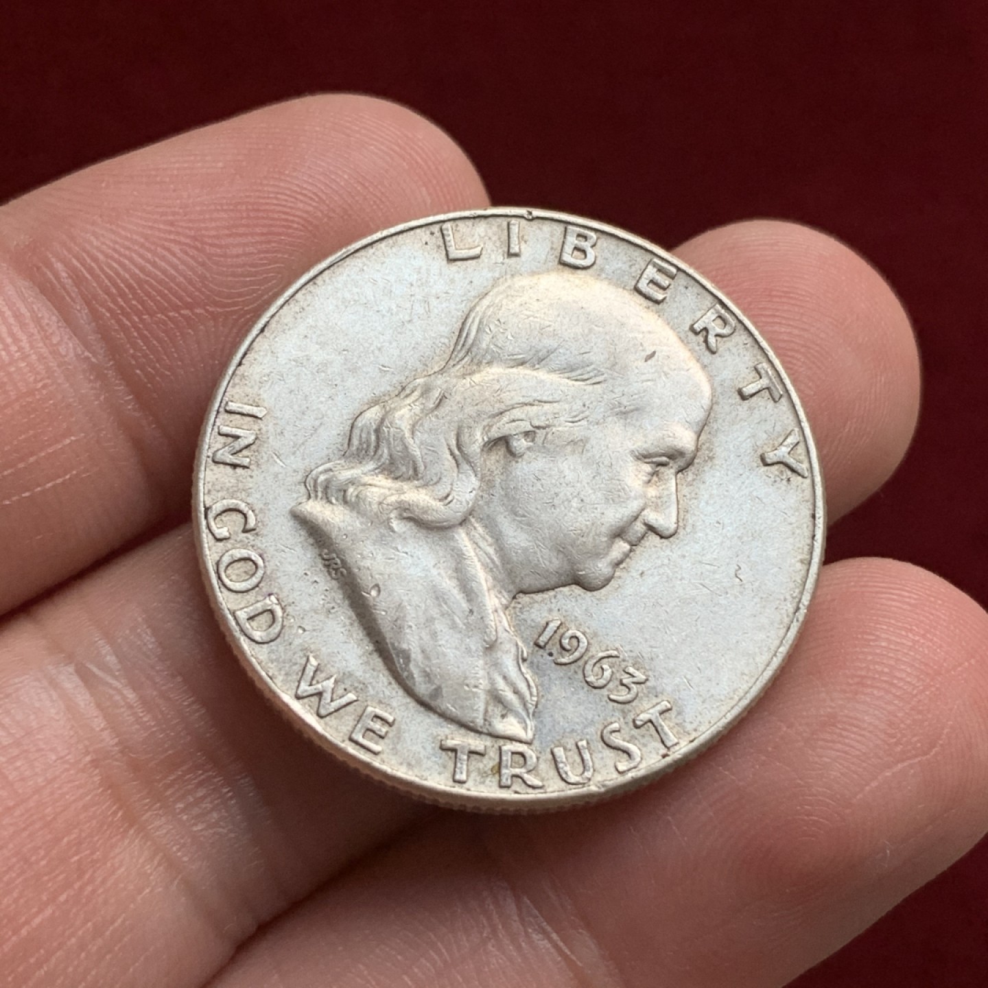 《竞宝斋》第66场-本周日，周一2场连拍（全场不限金额包邮） 美国 1963年 富兰克林 半美元 银币 原味状态