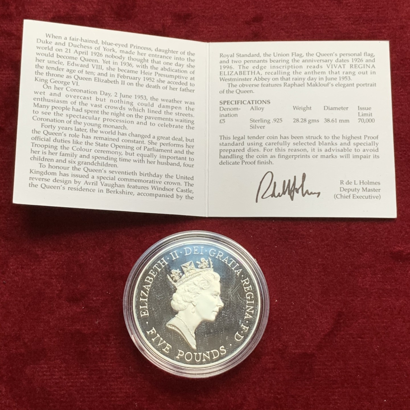 《竞宝斋》第66场-本周日，周一2场连拍（全场不限金额包邮） PL镜面 带原证书 1996年 5英镑 伊丽莎白二世70大寿 纪念精制银币 高分品相