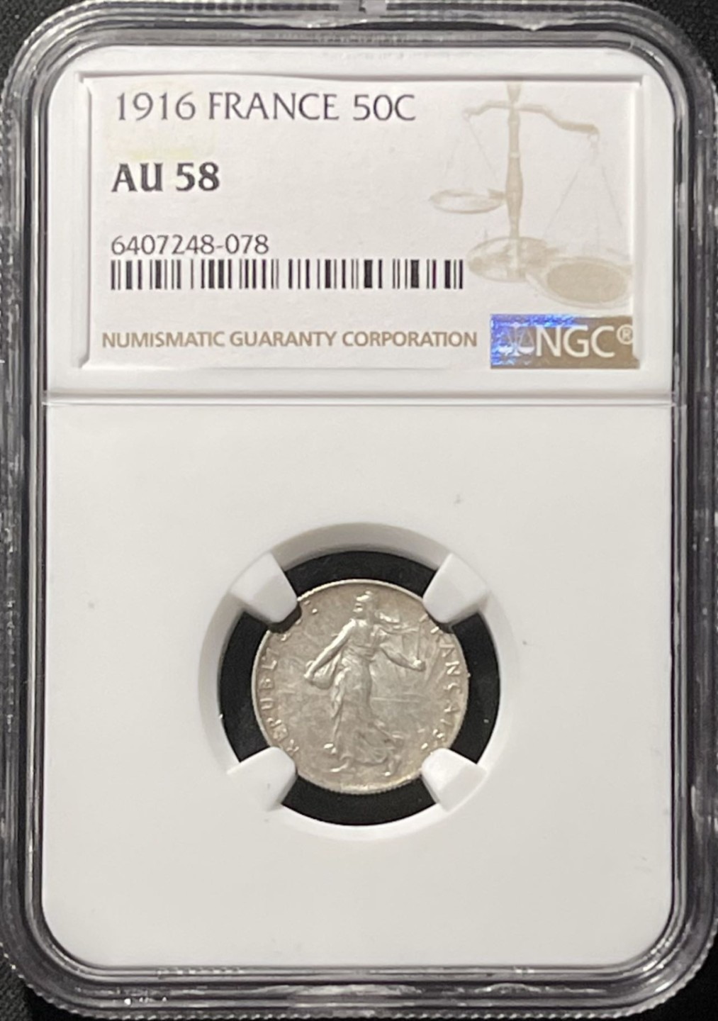 紫瑗钱币——第196期拍卖 法国 1916年 播种女神 50分 银币 NGC AU58