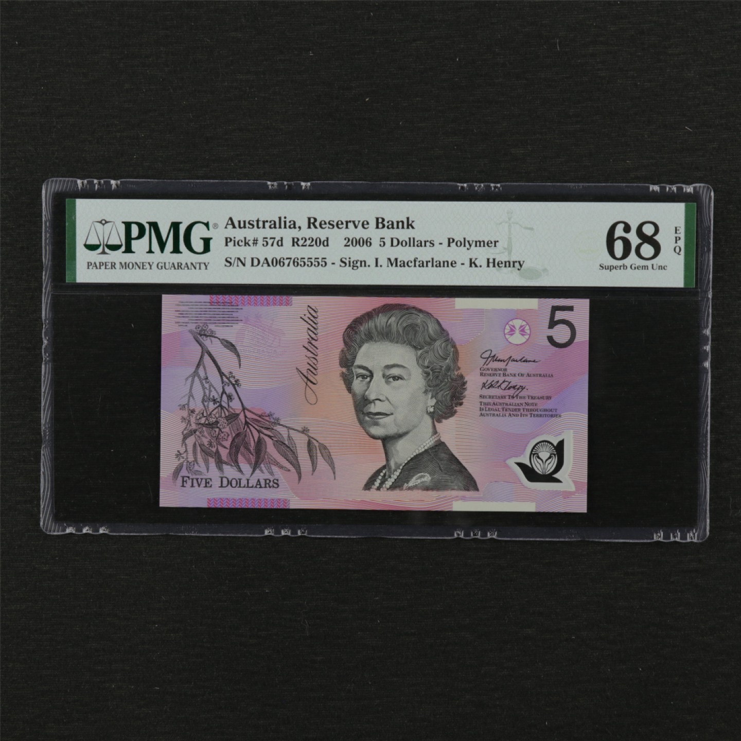 【亘邦集藏】第114期拍卖 【豹子号】2006年 澳大利亚5澳元 PMG 68EPQ  DA 06765555