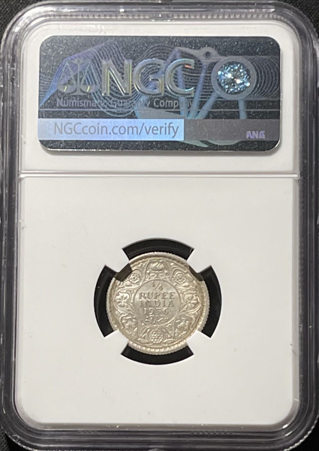 紫瑗钱币——第196期拍卖 英属印度 1936年 C版 乔治五世 1/4卢比 银币 NGC MS62