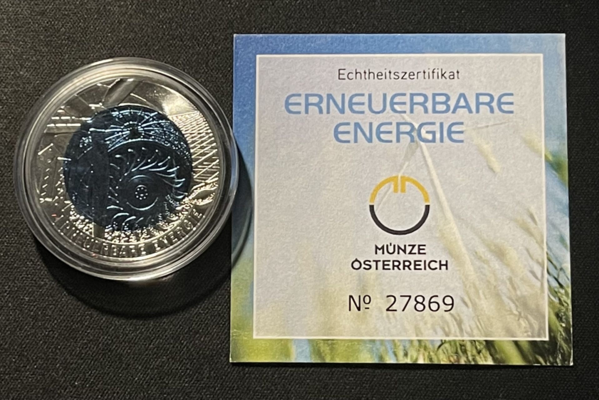 紫瑗钱币——第196期拍卖 奥地利 2010年 再生能源双金属 25欧元  银铌纪念币  原盒证书